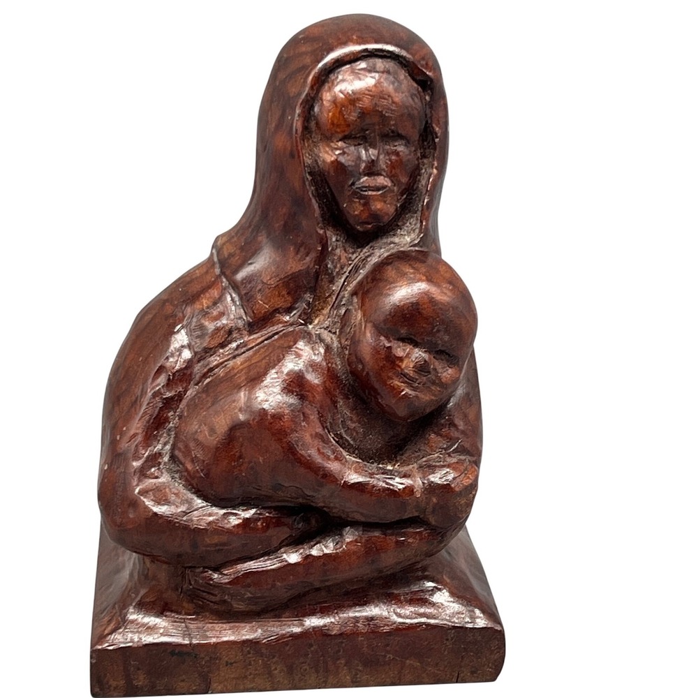 Hand-Carved Wooden Madonna and‎ Child Figurine – Religious Gift Signed